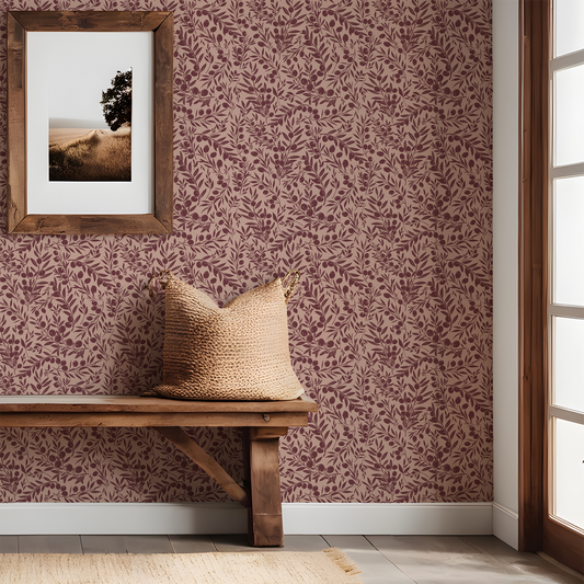  Burgundy Olive Branch Wallpaper by Claret & Key