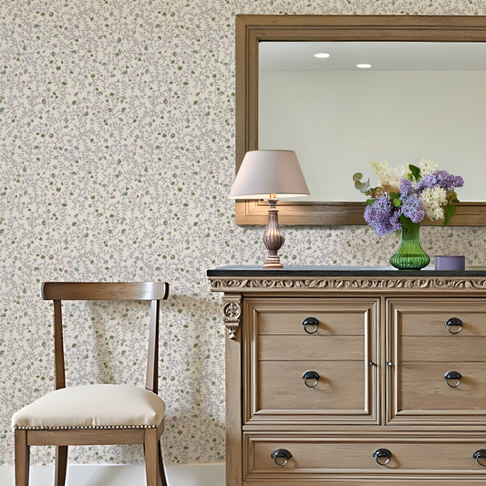 Green & purple watercolour Flower and leaves wallpaper by Claret & Key