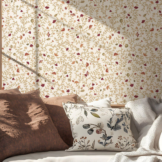 Red & beige watercolour Flower and leaves wallpaper by Claret & Key