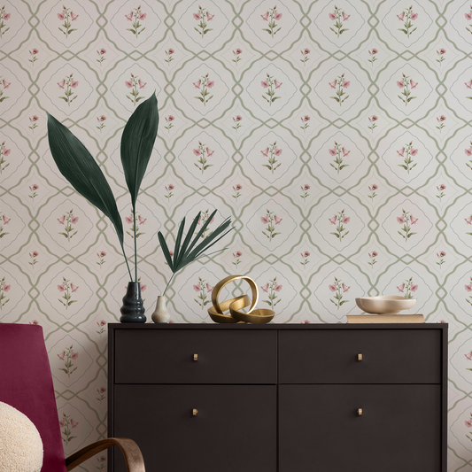 Sage Green & Pink vintage floral pattern wallpaper by Claret & Key 
