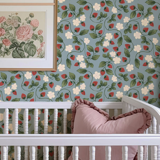 Blue hand drawn strawberry and blossom wallpaper by Claret & Key
