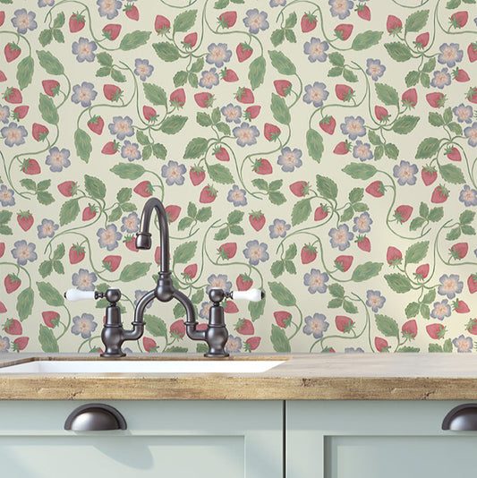 Cream hand drawn strawberry and blossom wallpaper by Claret & Key