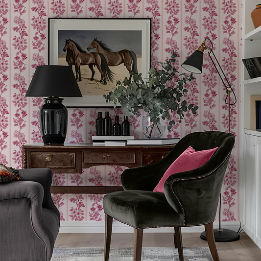 Pink Stripes Floral Vintage Wallpaper by Claret & Key