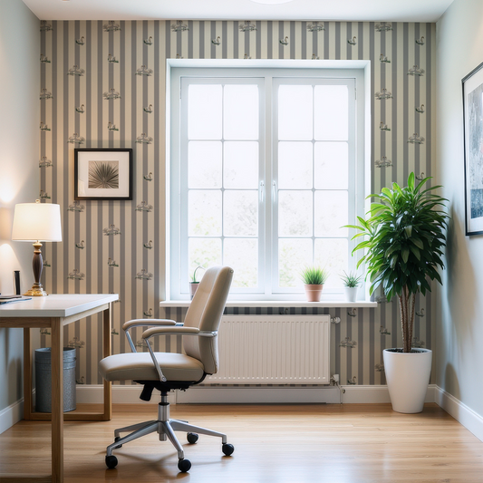 Cornflower blue Muted stripes with swans wallpaper Claret & Key