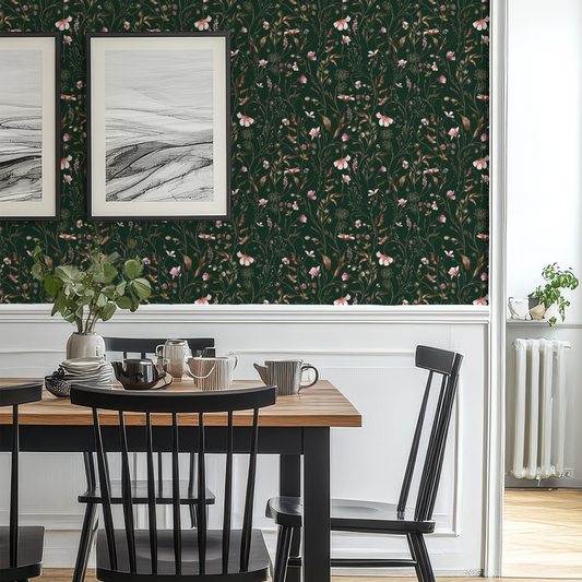 Green & Pink wild flower and leaf wallpaper by Claret & Key