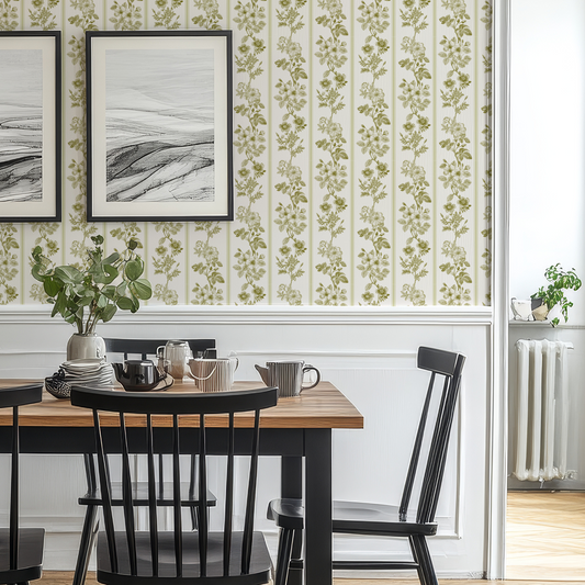 Green Stripes Floral Vintage Wallpaper by Claret & Key