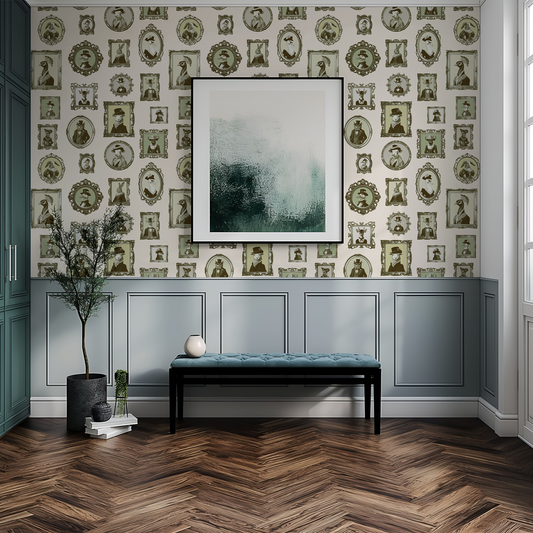 Green vintage antique frame wallpaper by Claret & Key