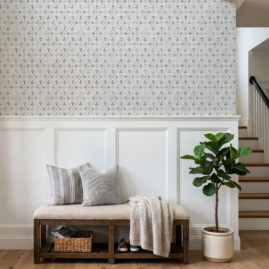 Louisa Winter in Hallway with padded bench