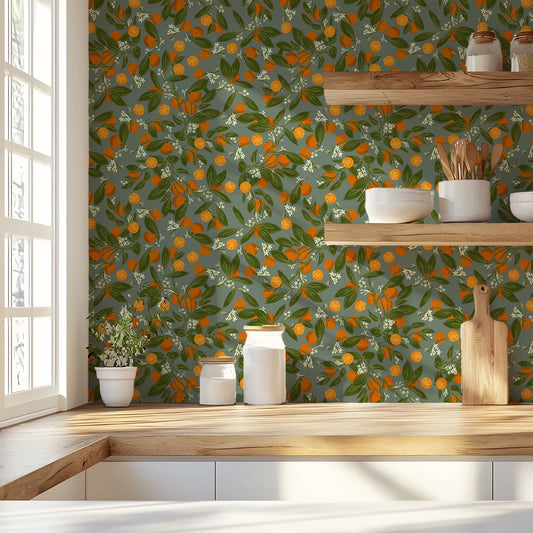 Marmalade Autumn Wallpaper in a wooden countertop kitchen with floating wooden shelves