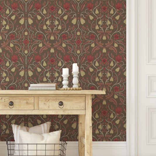 Brown and red hand drawn custom pear tree wallpaper by Claret & Key