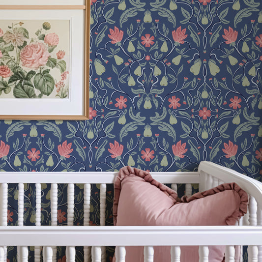 Blue and pink hand drawn custom pear tree wallpaper by Claret & Key