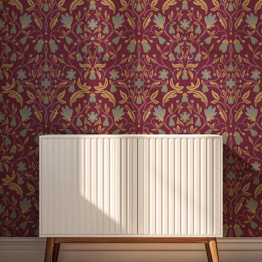 Red and sage hand drawn custom pear tree wallpaper by Claret & Key