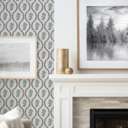 Navy blue wavy floral wallpaper by Claret & Key