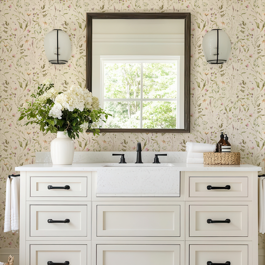 Cream & green wild flower and leaf wallpaper by Claret & Key