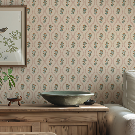 Pink wavy floral wallpaper by Claret & Key