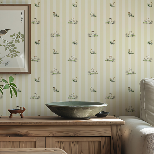 Pale green Muted stripes with swans wallpaper Claret & Key