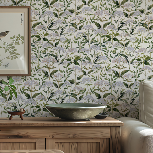 Blue & Green hydrangeas wallpaper by Claret & Key