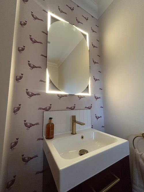 Albert wallpaper displayed in customers bathroom.