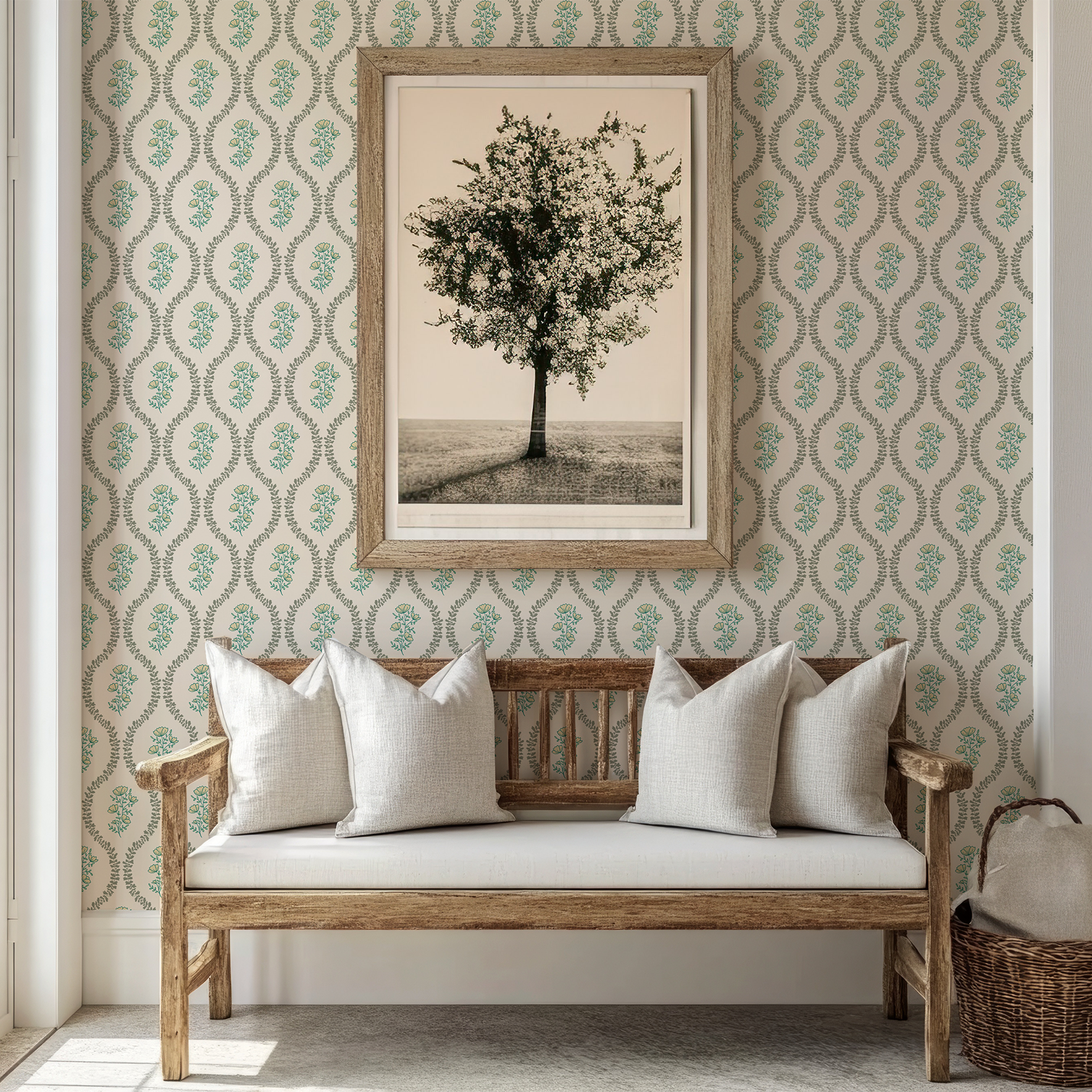 Green & Beige wavy floral wallpaper by Claret & Key