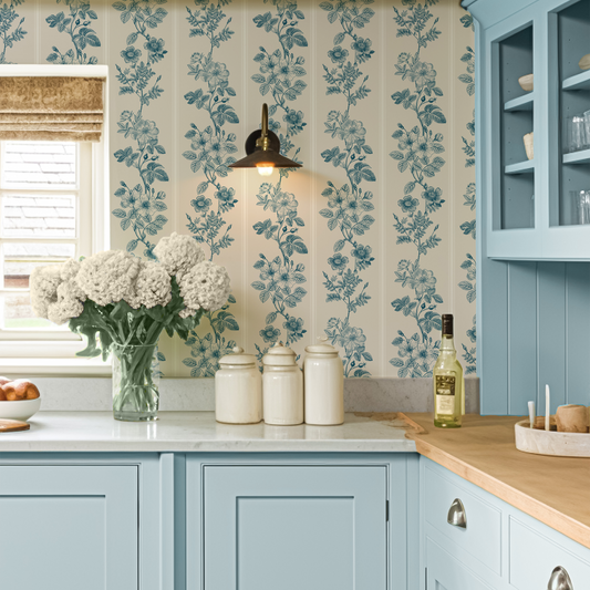 Blue & Cream Stripes Floral Vintage Wallpaper by Claret & Key