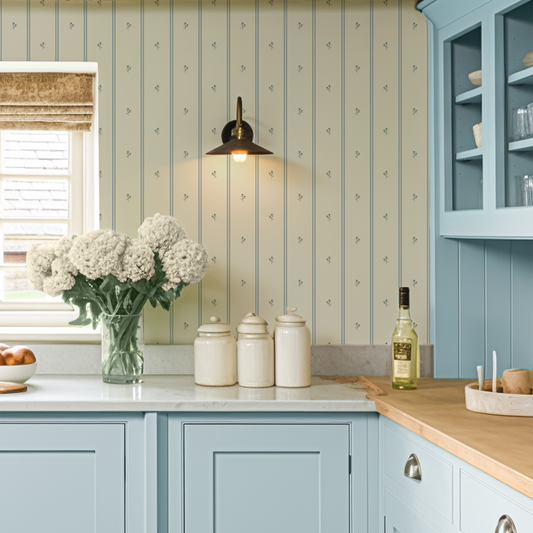 Cream & Blue Stripes & Flowers Wallpaper by Claret & Key