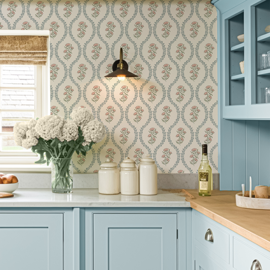 Cornflower blue & pink wavy floral wallpaper by Claret & Key