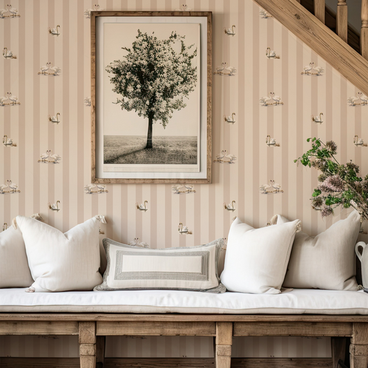 Beige Muted stripes with swans wallpaper Claret & Key
